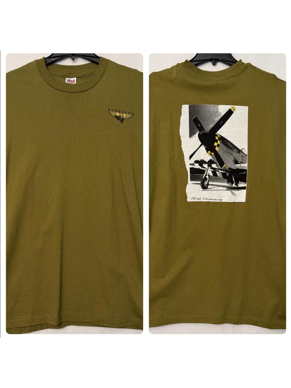 VINTAGE Warbirds P-51 Mustang T-Shirt Size 2X Green Single Stitch Anvil 1995 USA